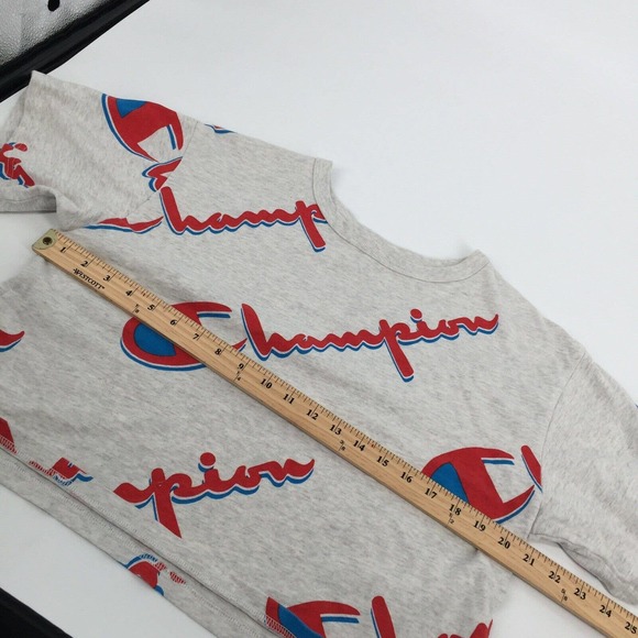 Champion Heritage Cropped AOP Logo T-Shirt Large Gray Red Reverse Weave Crop Top - Picture 6 of 7